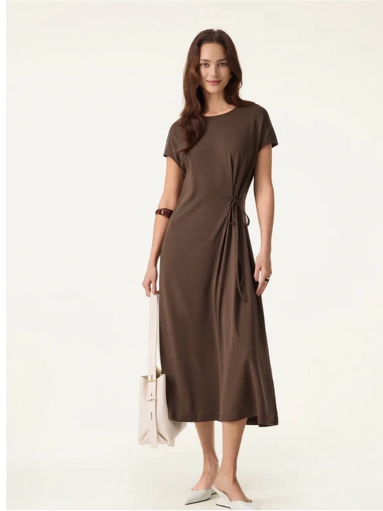 OGL Dresses & Skirts - OGL Brown Short-Sleeve Tie-Waist Midi Dress